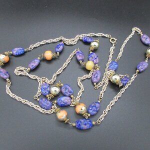 Elegant long silver chain beaded necklace